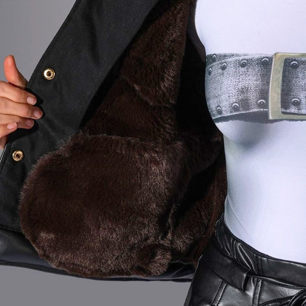 Miz Box Me Out Black Vegan Oversized Button-Up Coat w/ Fur Collar & Wrists L XL - Picture 2 of 9